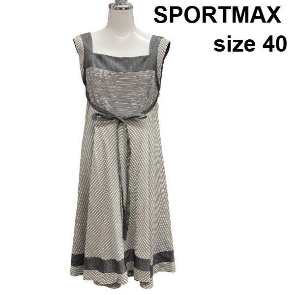 □ スポーツマックス SPORTMAX ノースリーブワンピース 膝丈 Aライン フレア エプロンドレス グレー 白 綿 絹 40 L 11 レディース Z6C602