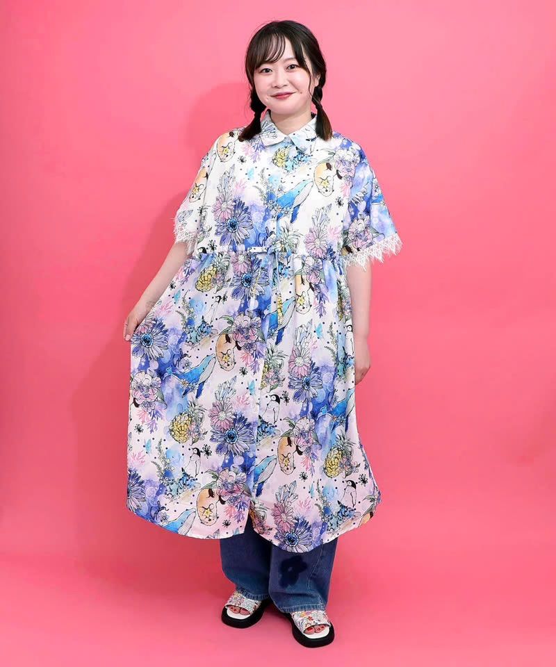 ScoLar(スカラー)2柄展開 レース袖シャツワンピース オフホワイト、ブラック 162697