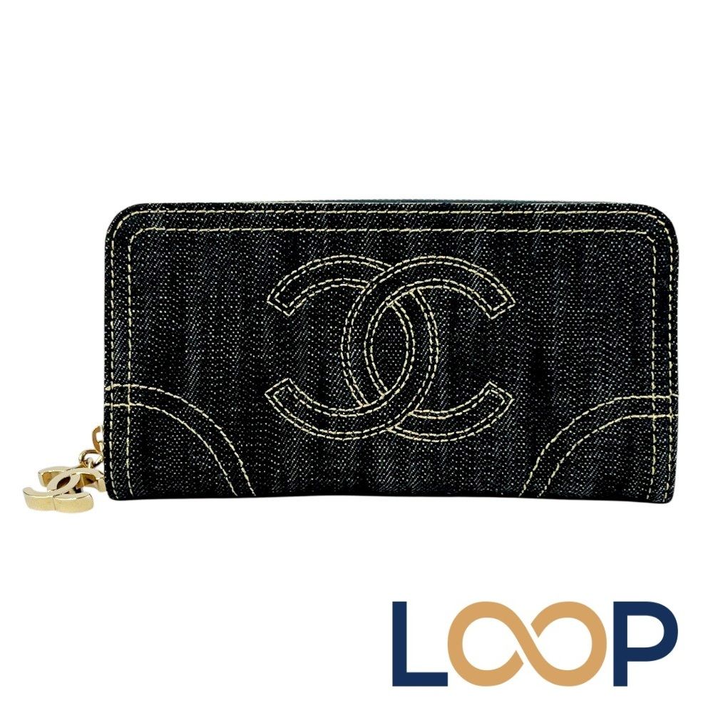 シャネル ■未使用■ スパークリングデニム ラウンドファスナー 長財布 ウォレット ココマーク デニム ブルー A31990 箱【705632】13