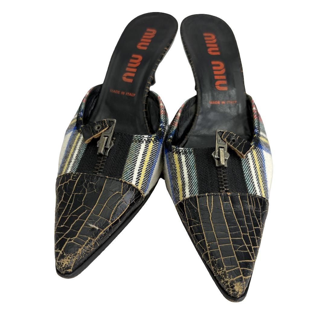 ミュウミュウ MIU MIU チェックヒールパンプス 38サイズ 5 R1155 ブラック レディース