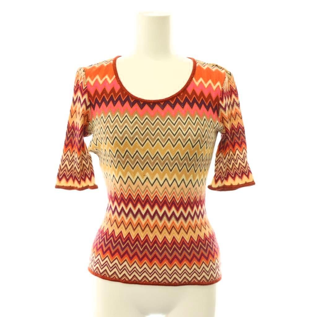 ミッソーニ MISSONI ニットソー カットソー ヴィンテージ 五分袖 40 レッド マルチカラー /ES ■GY62