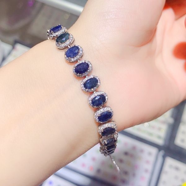 コートスタイルの天然サファイアブ レスレット、4x6mm、　925シルバー、ナチュラル、高級ジュエリー、宝石ギフト　□YL93602▲8.31