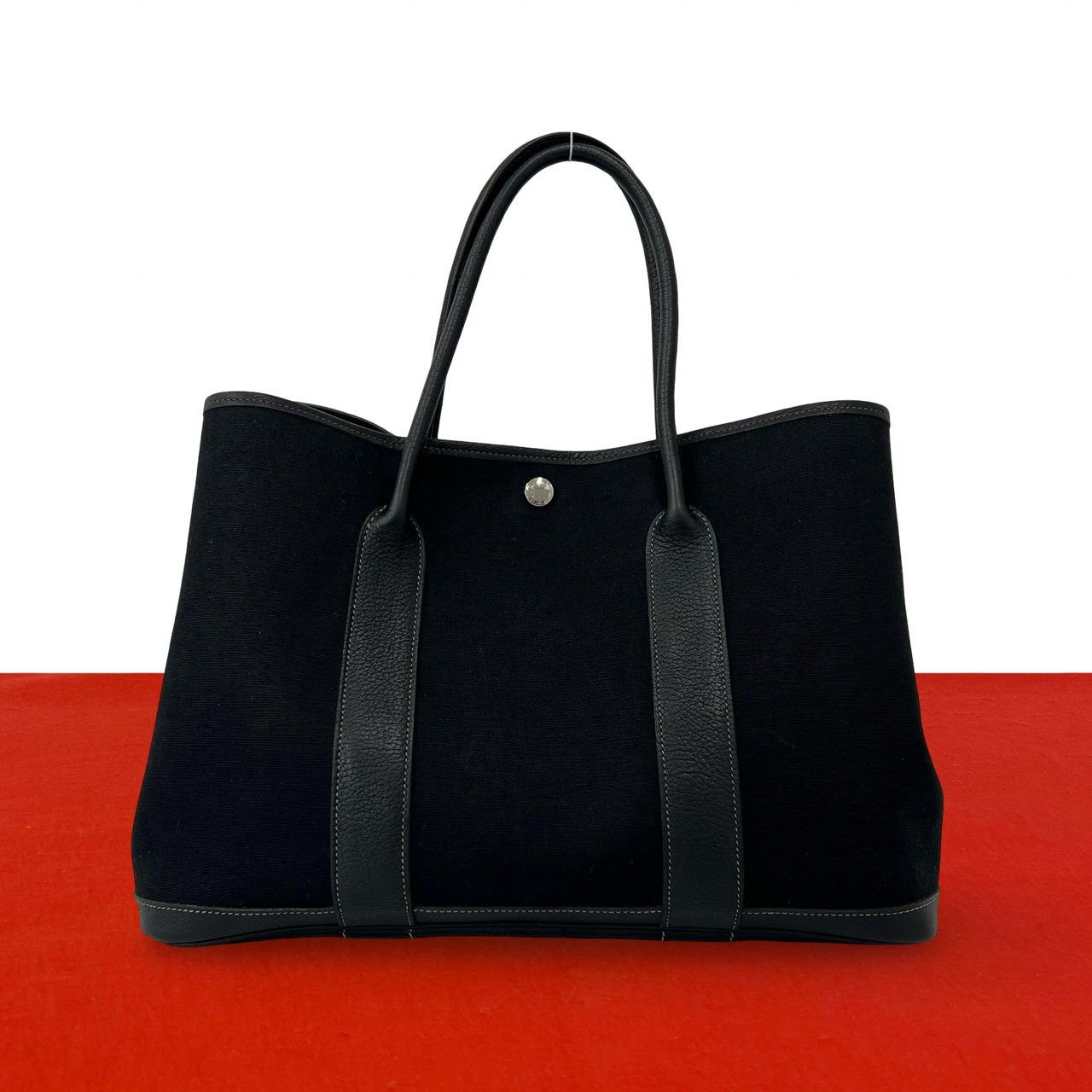 極 美品 □H 刻印 HERMES エルメス ガーデンパーティ PM トワルアッシュ ブッフル レザー 本革 トートバッグ ハンドバッグ ブラック 44610