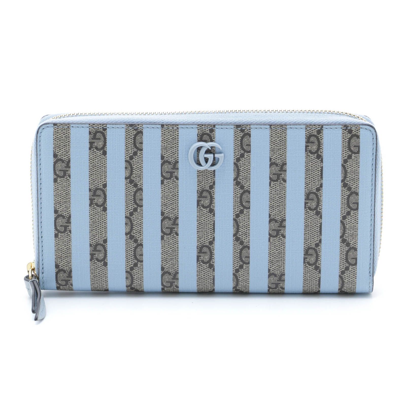 GUCCI グッチ ダブルG キャンディケインストライプ ジップアラウンドウォレット 701488 長財布 PVCコーティングキャンバス/レザー レザー ブルー/ベージュ レディース【中古】436