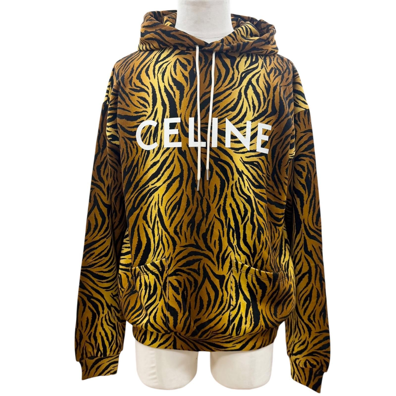 極美品▼CELINE セリーヌ 2Y571582Q コットン タイガー柄 ロゴプリント フーデッド プルオーバー パーカー ブラウン ブラック M 正規品