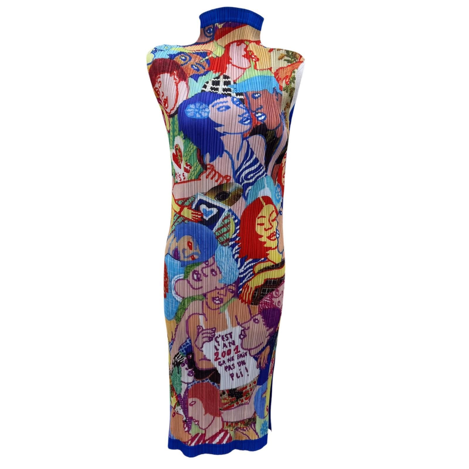 極美品☆PLEATS PLEASE プリーツプリーズ イッセイミヤケ PP12-JH221 Lamia Ziade グラフィティ ワンピース ブルー マルチ 4 正規品