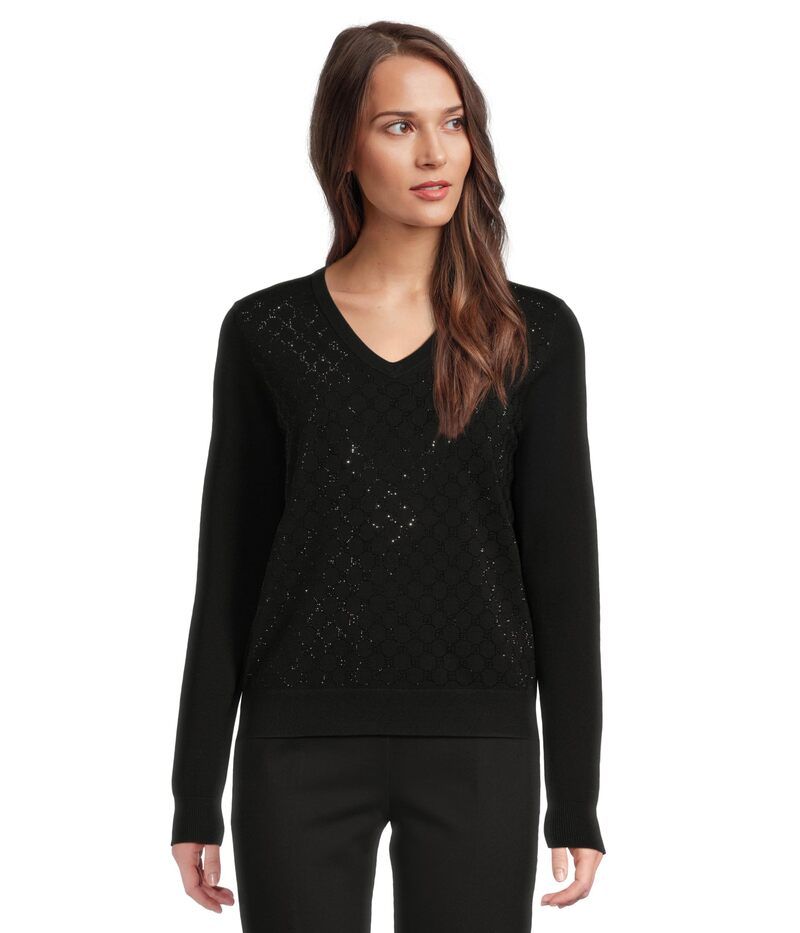 エリオットローレン レディース アウター ニット・セーター Vネック Elliott Lauren Pop Top Long Sleeve VNeck Sweater with Crystals de