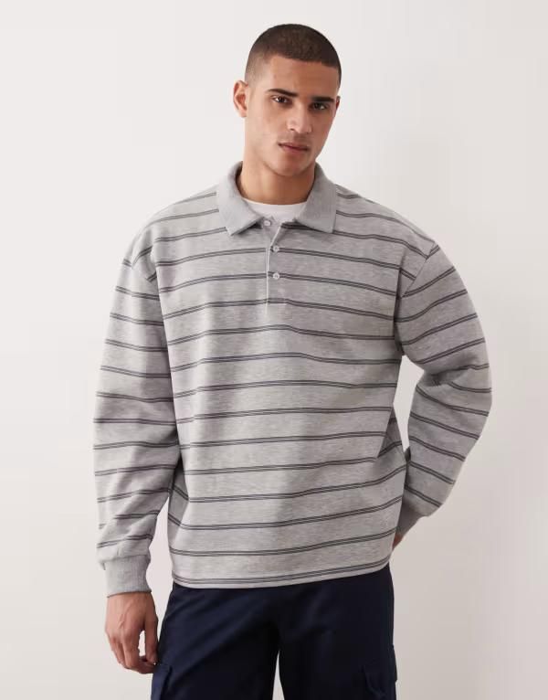 エイソス メンズ アウター パーカー・スウェット ポロシャツ ASOS DESIGN oversized polo sweatshirt in heather gray stripes Gray He