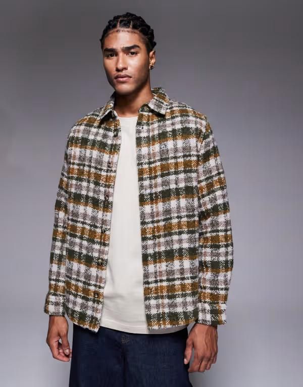 エイソス メンズ トップス シャツ ASOS DESIGN boucle checked overshirt GREEN グリーン