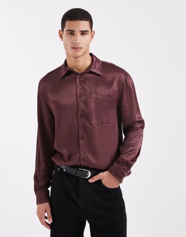 エイソス メンズ トップス シャツ サテン ASOS DESIGN relaxed satin shirt BROWN ブラウン