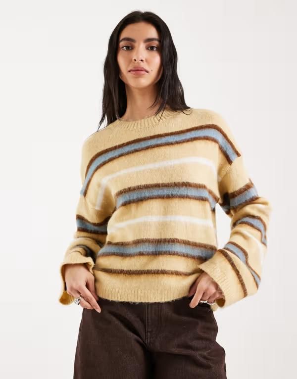 ヴェロモーダ レディース アウター ニット・セーター クルーネック Vero Moda knit crew neck sweater in yellow multi stripes Yellow St