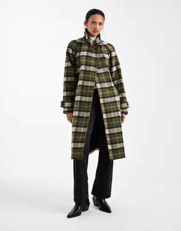 ヴェロモーダ レディース アウター コート プリント Vero Moda brushed formal belted coatgreen plaid print Grape leaf グレープ