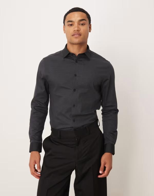 エイソス メンズ トップス シャツ スリムフィット ASOS DESIGN slim fit smart shirt with texture Black ブラック 8,386円