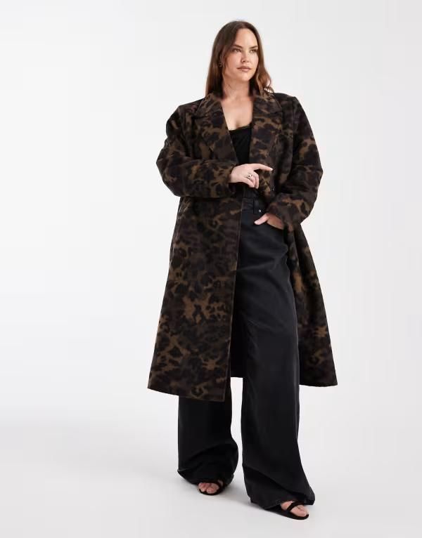 オンリーカーブ レディース アウター ジャケット・ブルゾン アニマル柄 プリント コート マキシ ONLY Curve textured maxi coat animal print BROWN ブラ