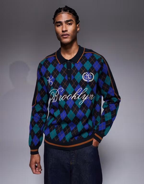 エイソス メンズ トップス ポロシャツ プリント ニット ASOS DESIGN relaxed knit polo in argyle print with Brooklyn embroidery