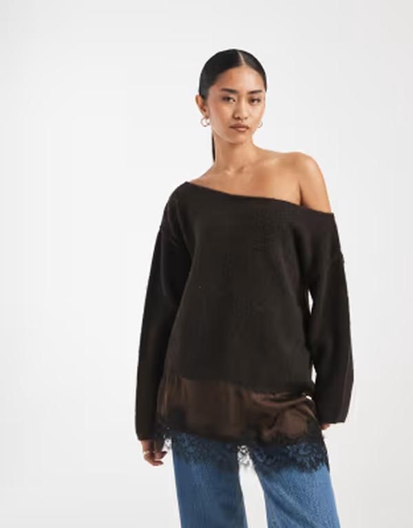 ミスセルフフリッジ レディース アウター ニット・セーター アシンメトリー サテン コントラスト レース Misselfridge fluffy asymmetric sweater with con 16,110円