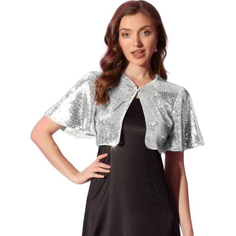 アレグラ ケー レディース アウター ニット・セーター スパンコール ジャケット ALLEGRA K Sequin Shrug Bolero For Womens Flared Sleeve Crop