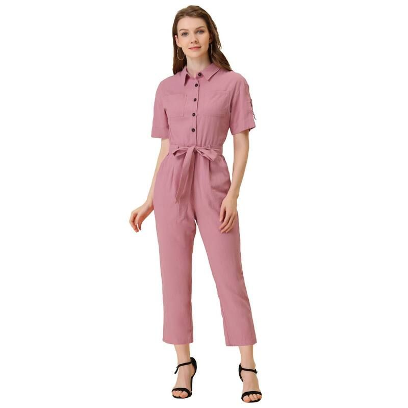 アレグラ ケー レディース トップス ワンピース ロンパース ダウン ジャンプスーツ ALLEGRA K Womens Romper Turndown Collar Button up Tie Wai