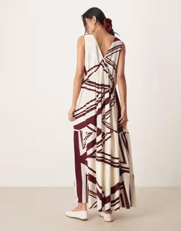 エイソス レディース トップス ワンピース Vネック ティアード マキシ ASOS DESIGN v neck trapeze tiered maxi dress in chocolate and c