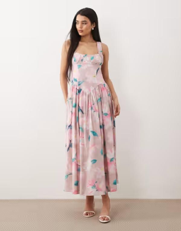バードット レディース トップス ワンピース フラワー柄 ミディ コットン フラワー Bardot Cartia cotton structured corset detailing midi dre