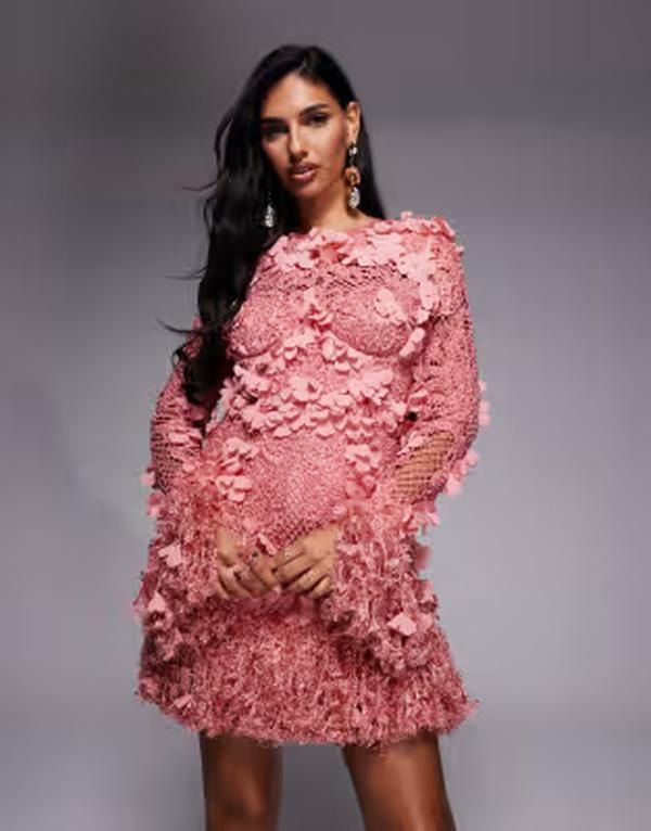 エイソス レディース トップス ワンピース フラワー柄 ミニ フラワー ASOS LUXE 3D floral embellished eyelet mini dress with faux feat