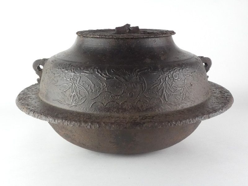 時代 松竹梅地紋 芦屋釜 約38cm 茶道具 /R315(tk3)