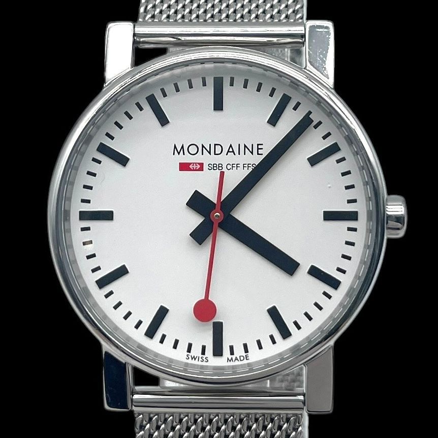 新品電池 稼働品 MONDAINE モンディーン メンズ腕時計 クォーツ QZ 3針 SS 白文字盤 シルバー スイス製