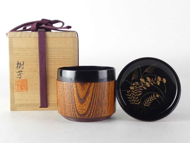 荒井樹芳 雪吹 内秋草蒔絵 共箱 木製 棗 茶道具 /R316(tn19)