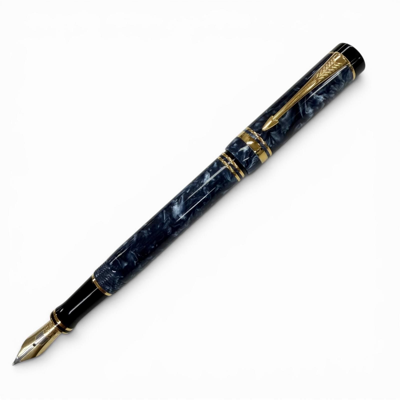 Good Condition ▼ PARKER Parker Duofold Centennial Pen Tip 18K F Nib Fountain Pen Marble Blue Black Gold Made in the UK for Men
