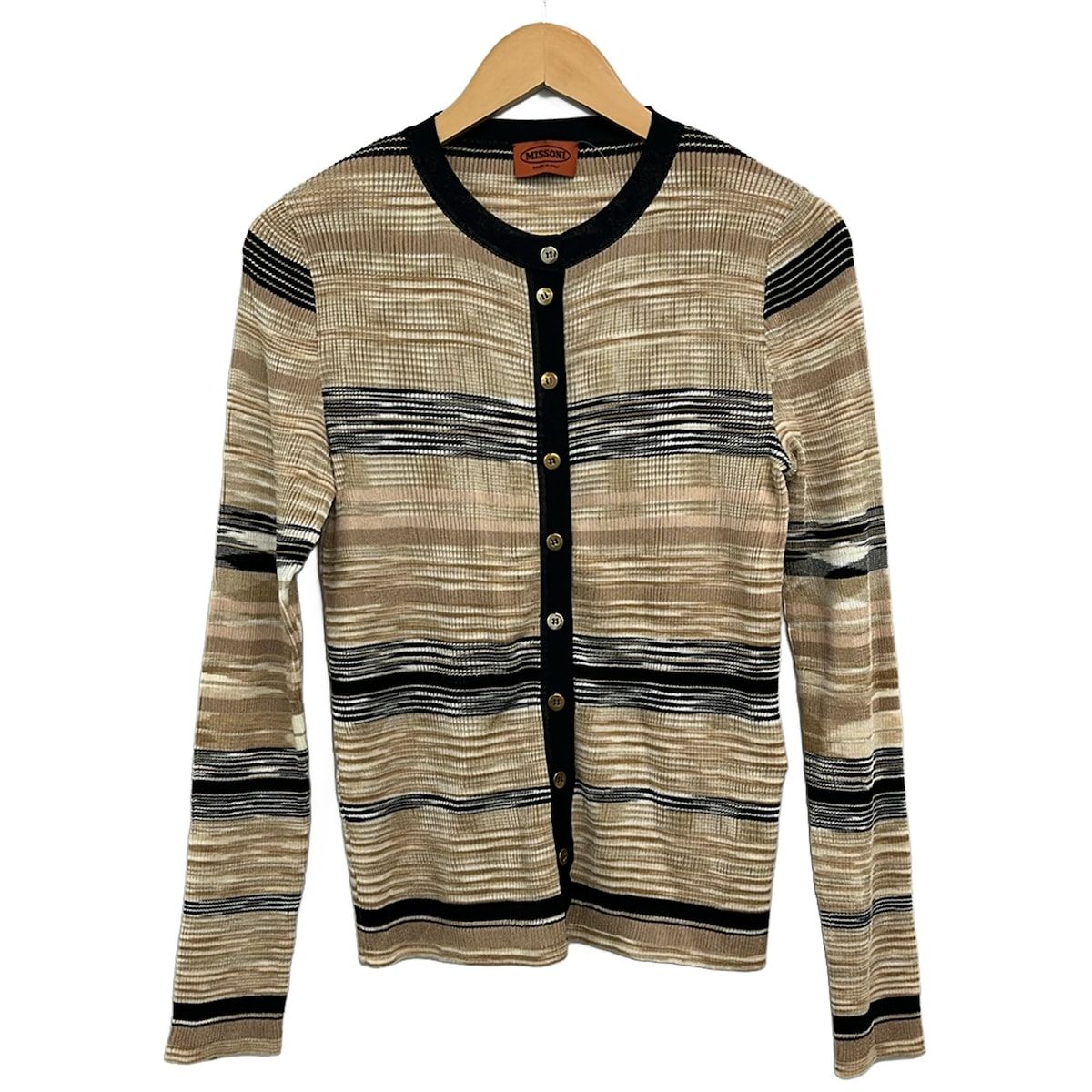 MISSONI(ミッソーニ) カーディガン サイズ46 L レディース美品 - ベージュ×黒×白 長袖