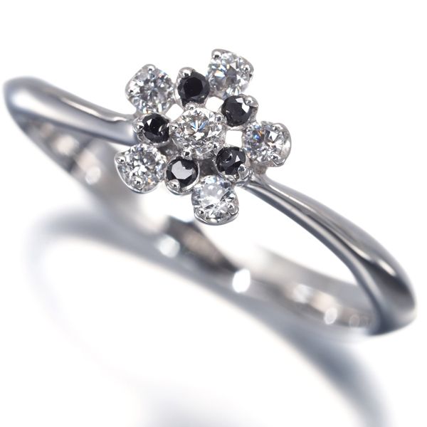 ポンテヴェキオ リング ブラック&クリア ダイヤ ダイヤモンド 0.12ct/0.03ct フラワー 9号 K18WG #198338