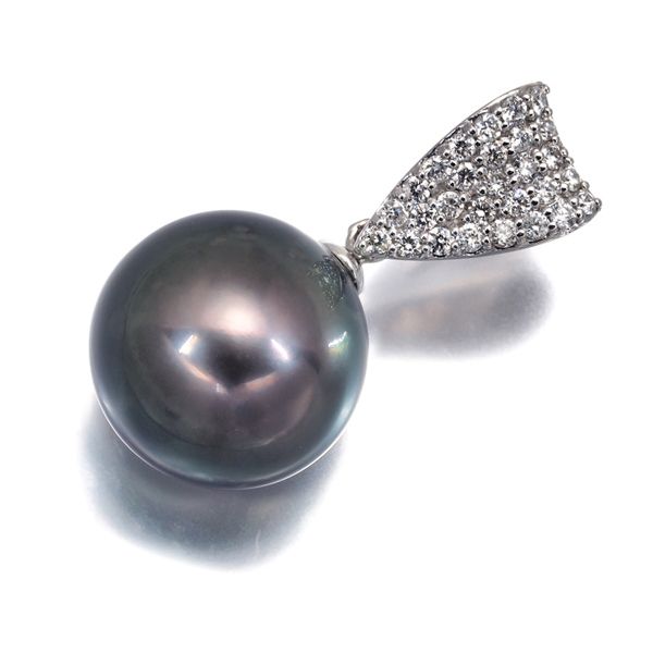 ブラック パール 真珠 11.5mm ダイヤ ダイヤモンド 0.18ct 一粒 パヴェ ペンダントトップ K18WG #198356