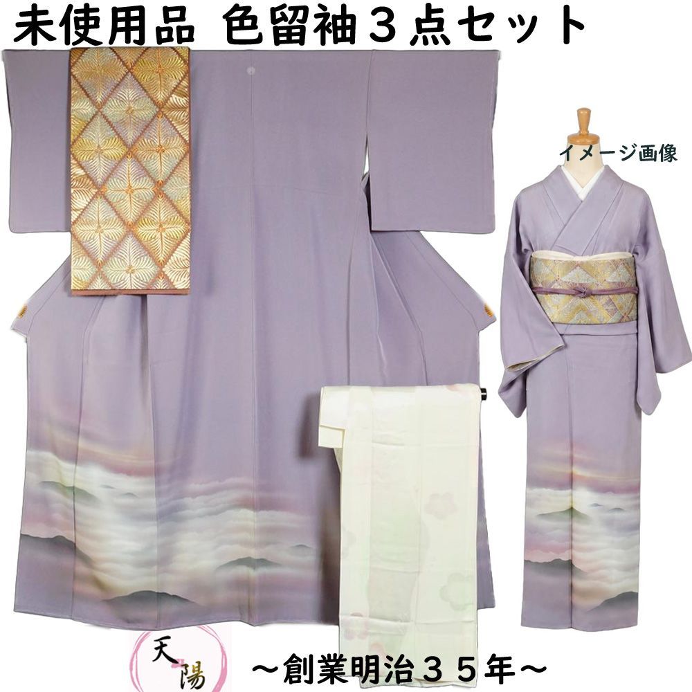 着物セット 未使用品 色留袖・袋帯・長襦袢 3点 セット 比翼無し訪問着格 訪問着 色留袖 丸に抱き茗荷紋 一つ紋入り 遠山に雲海模様 Sサイズ 【送料無料 中古 訪問着 中古 訪問着 セット 中古 帯 リサイクル着物 留袖 正絹 着物 訪問着 購入 販売 】 28,470円