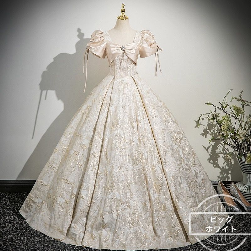 カラードレス 編み上げ シャンパン 花柄 ロングドレス 結婚式 二次会 発表会 演奏会 ウェディングドレス ウエディングドレス 花嫁 前撮り 大人 プリンセスドレス イブニングドレス コンサート パーティードレス