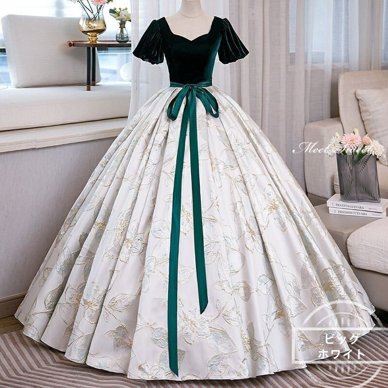 カラードレス プリンセスライン グリーン パフスリーブ 半袖 花柄 ロングドレス ウェディングドレス 結婚式 二次会 花嫁 前撮り 発表会 ステージ衣装 ウエディングドレス パーティードレス ブライダル 演出 イブニングドレス コンサート コンクール