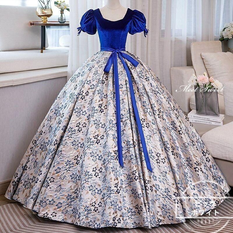 カラードレス プリンセスライン 青 ブルー パフスリーブ 半袖 花柄 ロングドレス ウェディングドレス 結婚式 二次会 花嫁 前撮り 発表会 ステージ衣装 ウエディングドレス パーティードレス ブライダル 大人 舞台