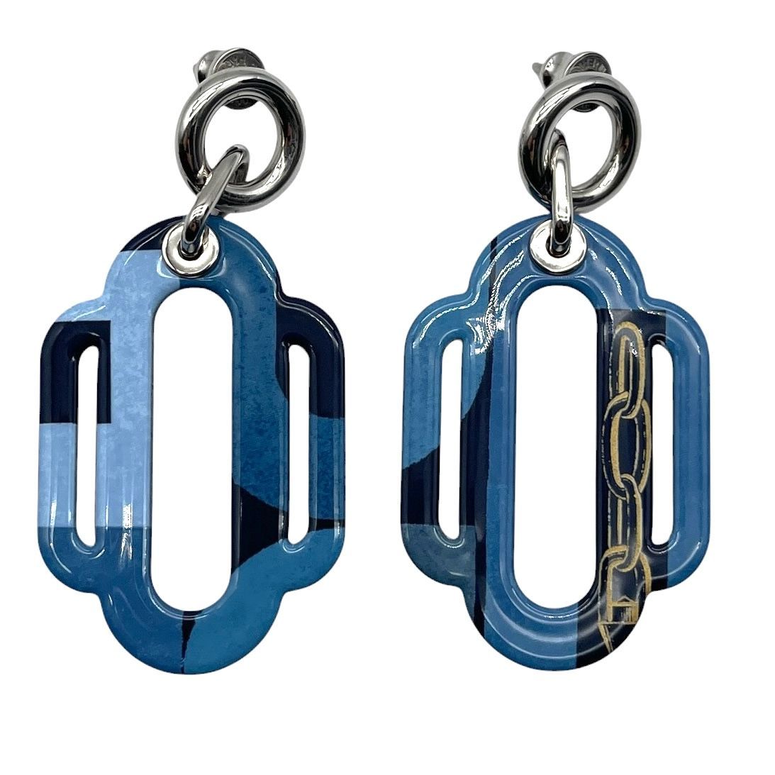 美品 HERMES エルメス ピアス アトラージュ 大ぶり チェーン ブルー 金具シルバー 耳飾り アクセサリー レディース