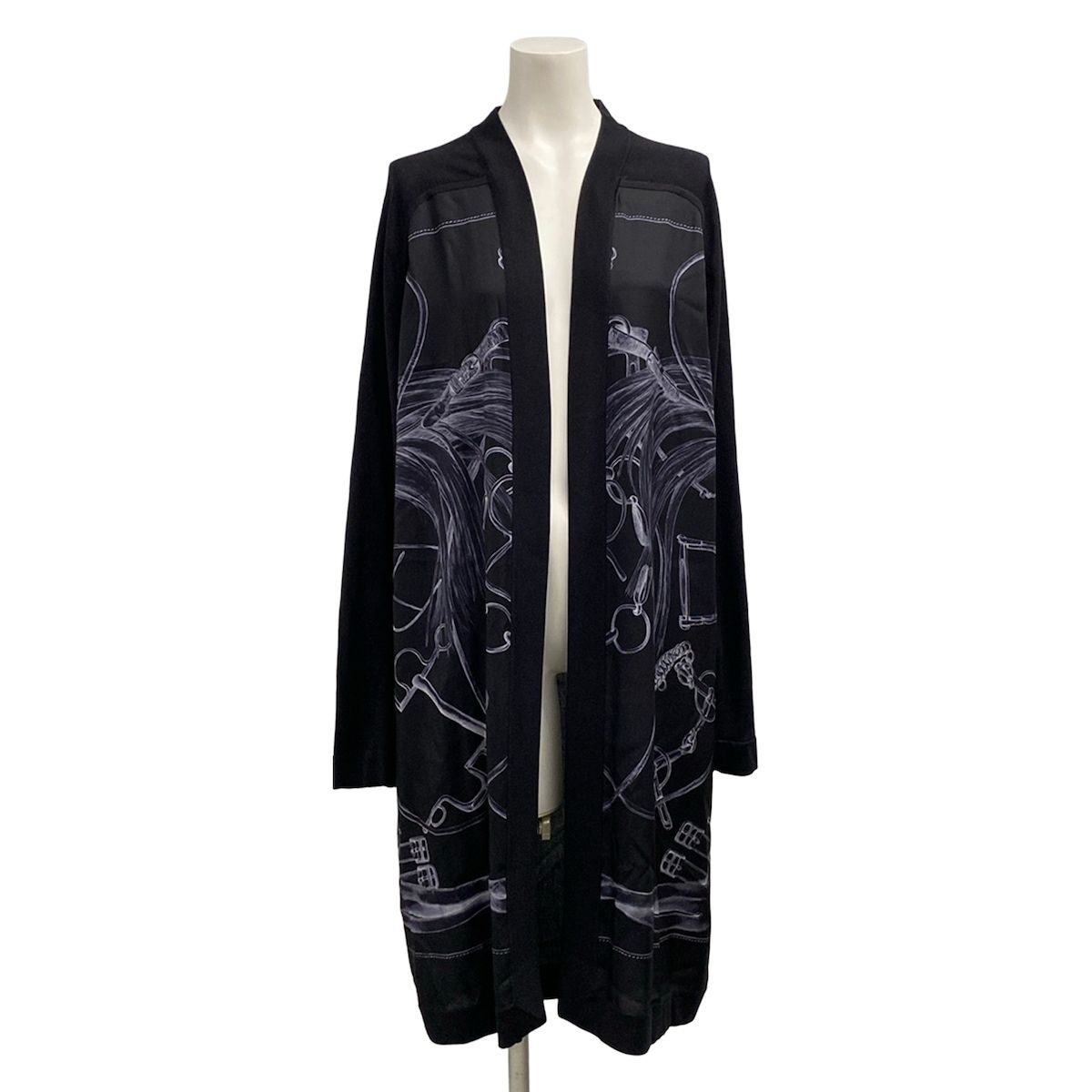 HERMES(エルメス) カーディガン サイズ42 L レディース - 黒×ライトグレー 長袖/ロング丈 カシミヤ、シルク