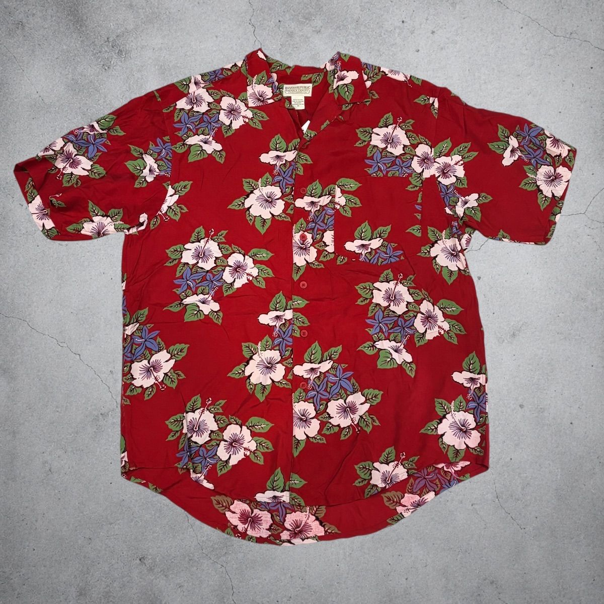90s BANANA REPUBLIC S/S ALOHA SHIRT バナナリパブリック 半袖アロハシャツ M 赤 RED ハイビスカス 古着
