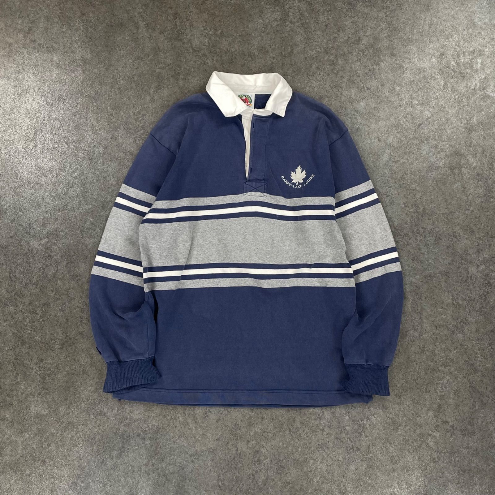 カナダ製 BARBARIAN L/S Rugby Shirt バーバリアン 長袖 ラガーシャツ ボーダー 刺繍 紺×灰 メンズ 5,600円
