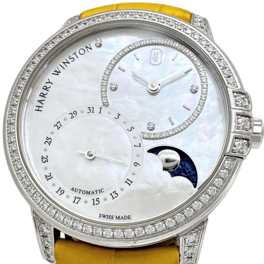 【HARRY WINSTON/ハリーウィンストン】MIDAMP36WW001 裏スケルトン 腕時計 K18WGホワイトゴールド 18金 /レザー 自動巻き/オートマ ホワイトシェル文字盤/イエローレザー レディース 【中古】 592,000円