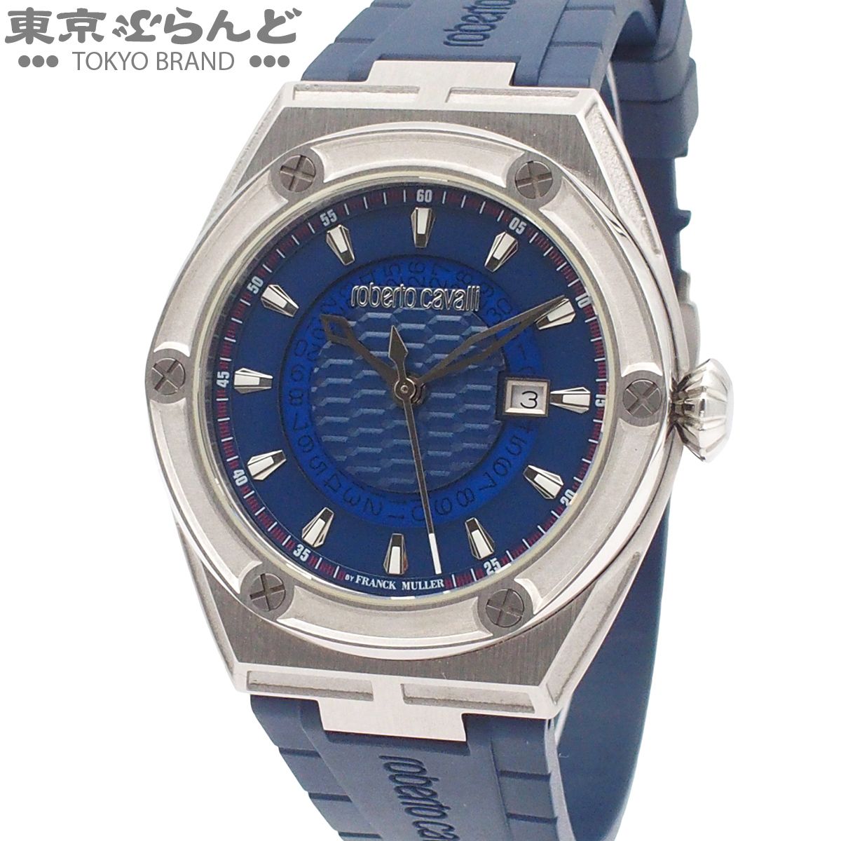 ロベルト・カヴァリ バイ フランク・ミュラー 065 シリーズ オープンデイト RV1G065P0021 ブルー SS ラバー 箱保付 腕時計 メンズ クォーツ式 電池式 101886575