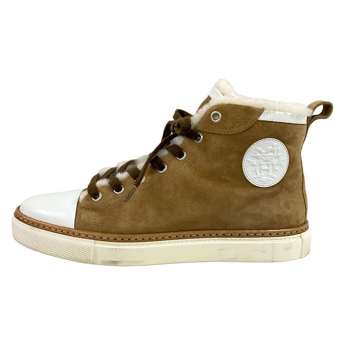 HERMES(エルメス) スニーカー 30 レディース ジミー ブラウン×白 ハイカット ムートン