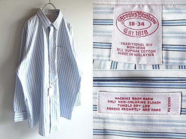 新品タグ付 Brooks Brothers ブルックスブラザーズ TRADITIONAL FIT NON-IRON スーピマコットン ストライプシャツ 18-34 大きいサイズ