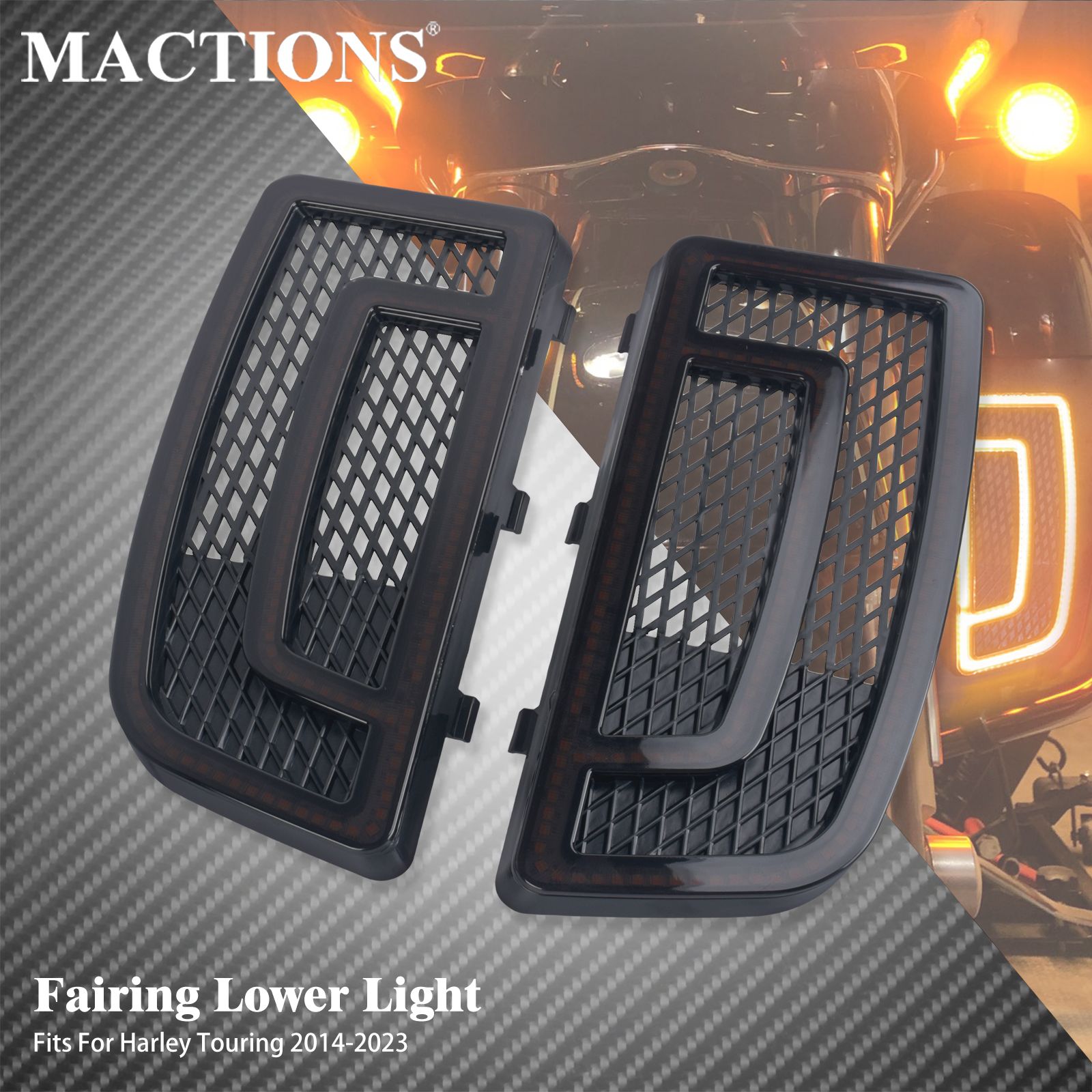 MACTIONS ハーレーツーリング ロードキング エレクトラ ストリートグライド 2014〜2023対応 フェアリンググリル LEDターンシグナル ランニングライト スモーク