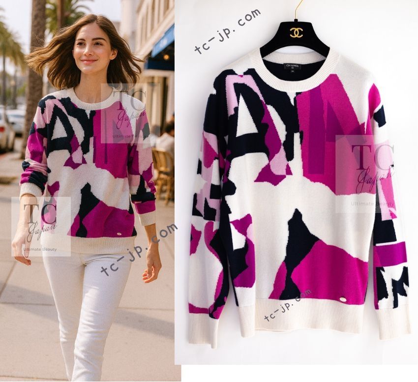 シャネル セーター CHANEL アイボリーホワイト マゼンタピンク ココマーク やわらか カシミヤ 100% ニット 超美品 34 36 38 117,500円