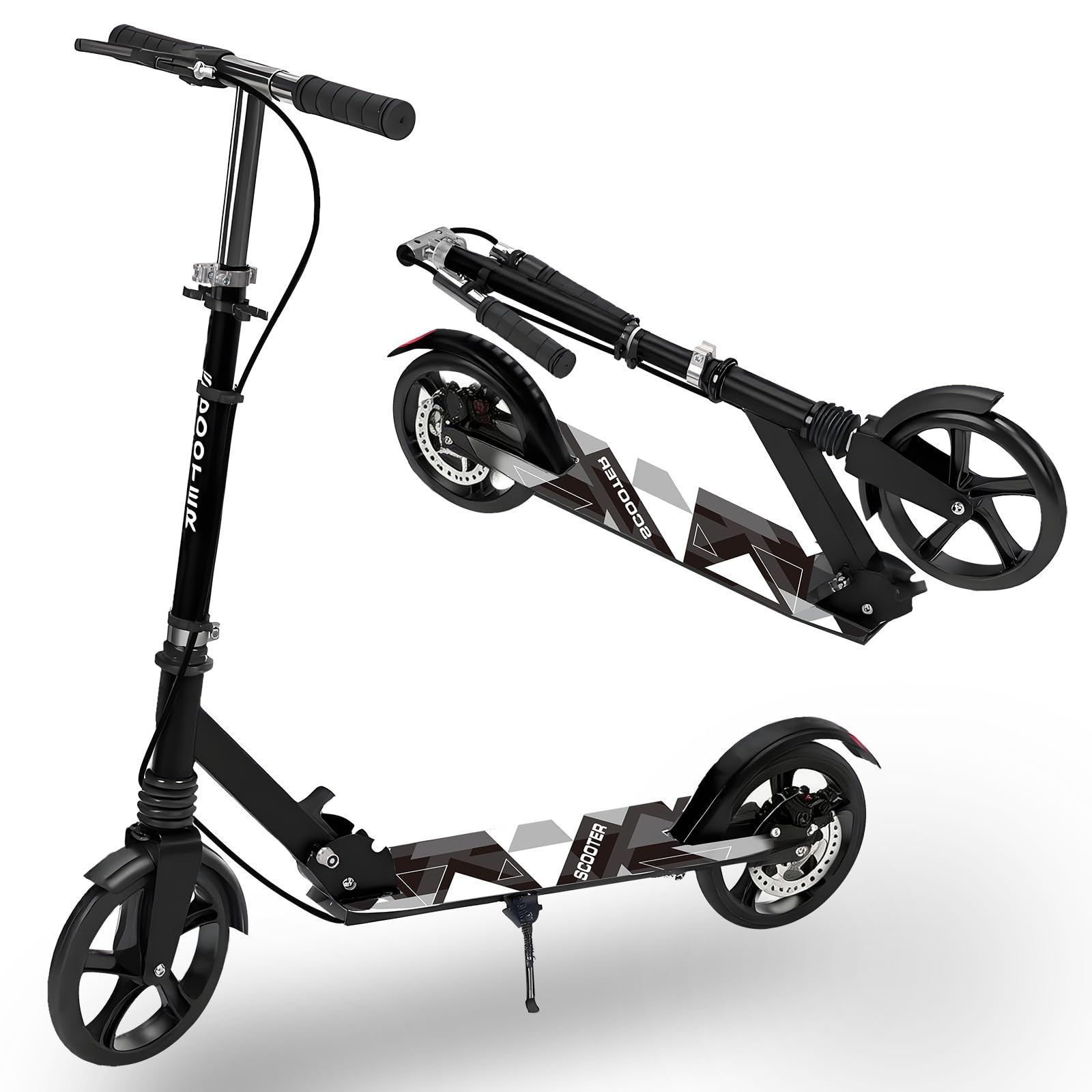 【在庫処分】誕生日 アウトドアに適用 プレゼント 頑丈 軽量 持ち運び便利 耐荷重150kg スタンド付 高さ4段階調整可能 フット/ハンドルブレーキ付 立ち乗り式二輪車 折りたたみ式 8インチホイール ディスクブレーキ キックスクーター キックボード
