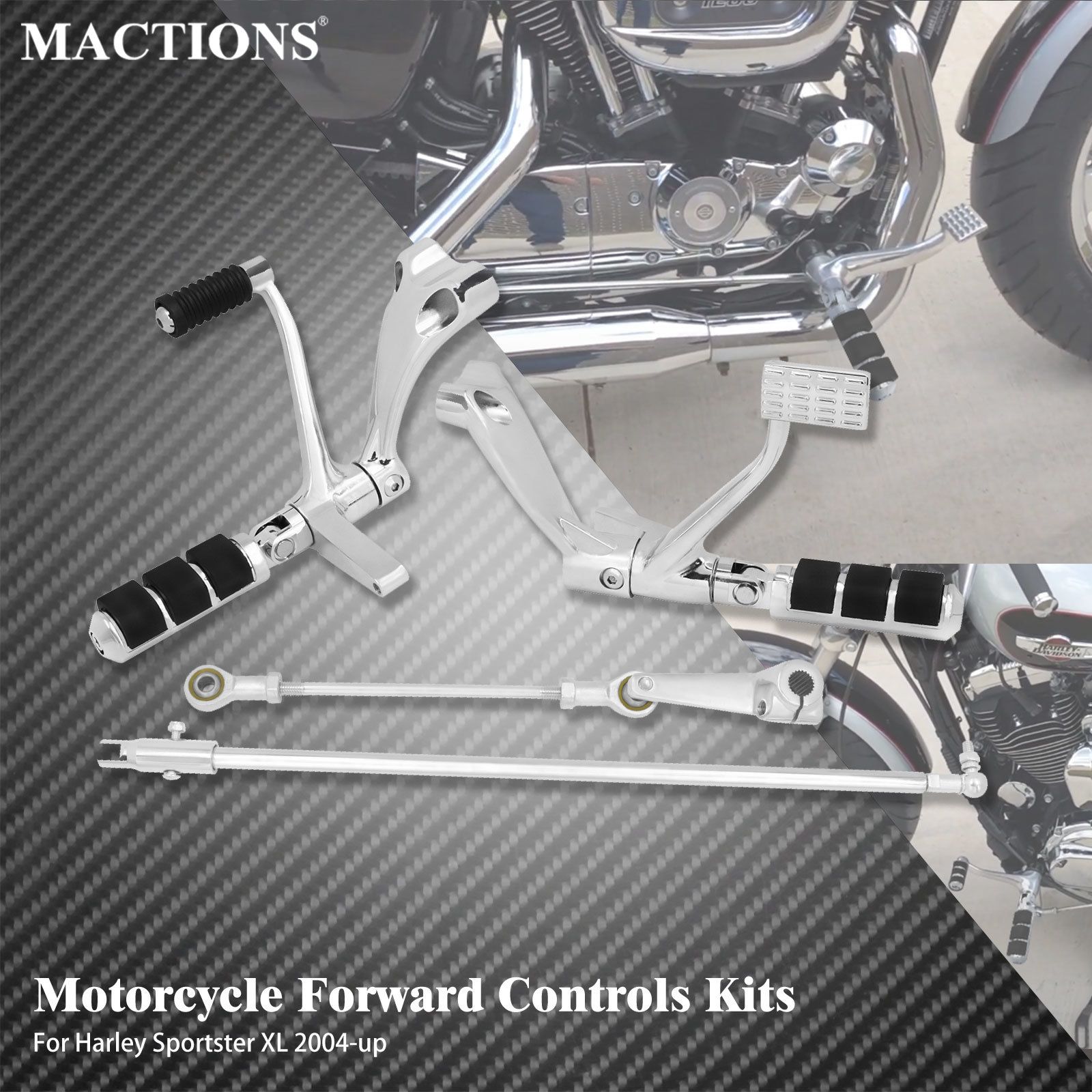 MACTIONS ハーレースポーツスター XL883 XL1200 XL48 XL72 2004〜2024対応 フォワードコントロールキット ペグ レバー リンケージ クローム