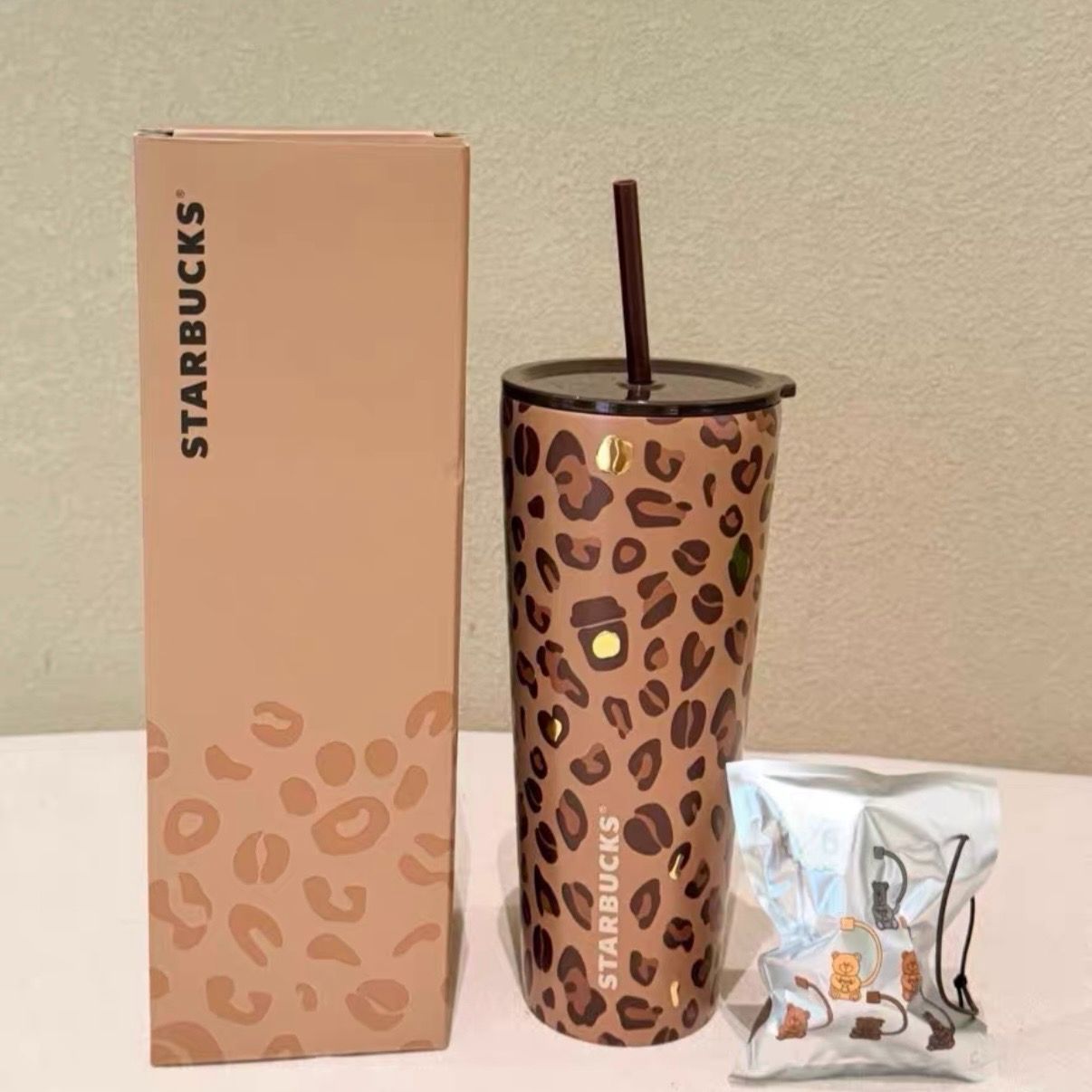 【新作】Starbucks スターバックス 中国限定 レオパード柄 ステンレスタンブラー 845ml ストロー付き ランダムベアストローチャームタンブラー