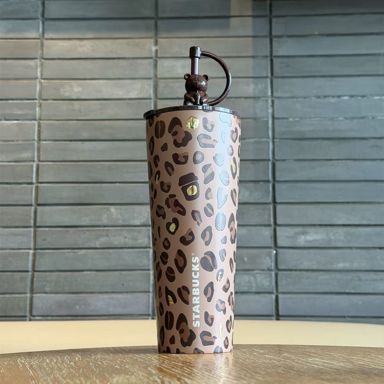 【新作】Starbucks スターバックス 中国限定 レオパード柄 ステンレスタンブラー 845ml ストロー付き ランダムベアストローチャーム